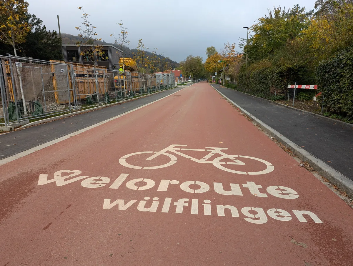 Individuelle Markierungen auf roter Fläche: So macht die Stadt Winterthur die Veloroute in Wülflingen sichtbar. Bodenmarkierung auf einer Veloroute in Winterthur.